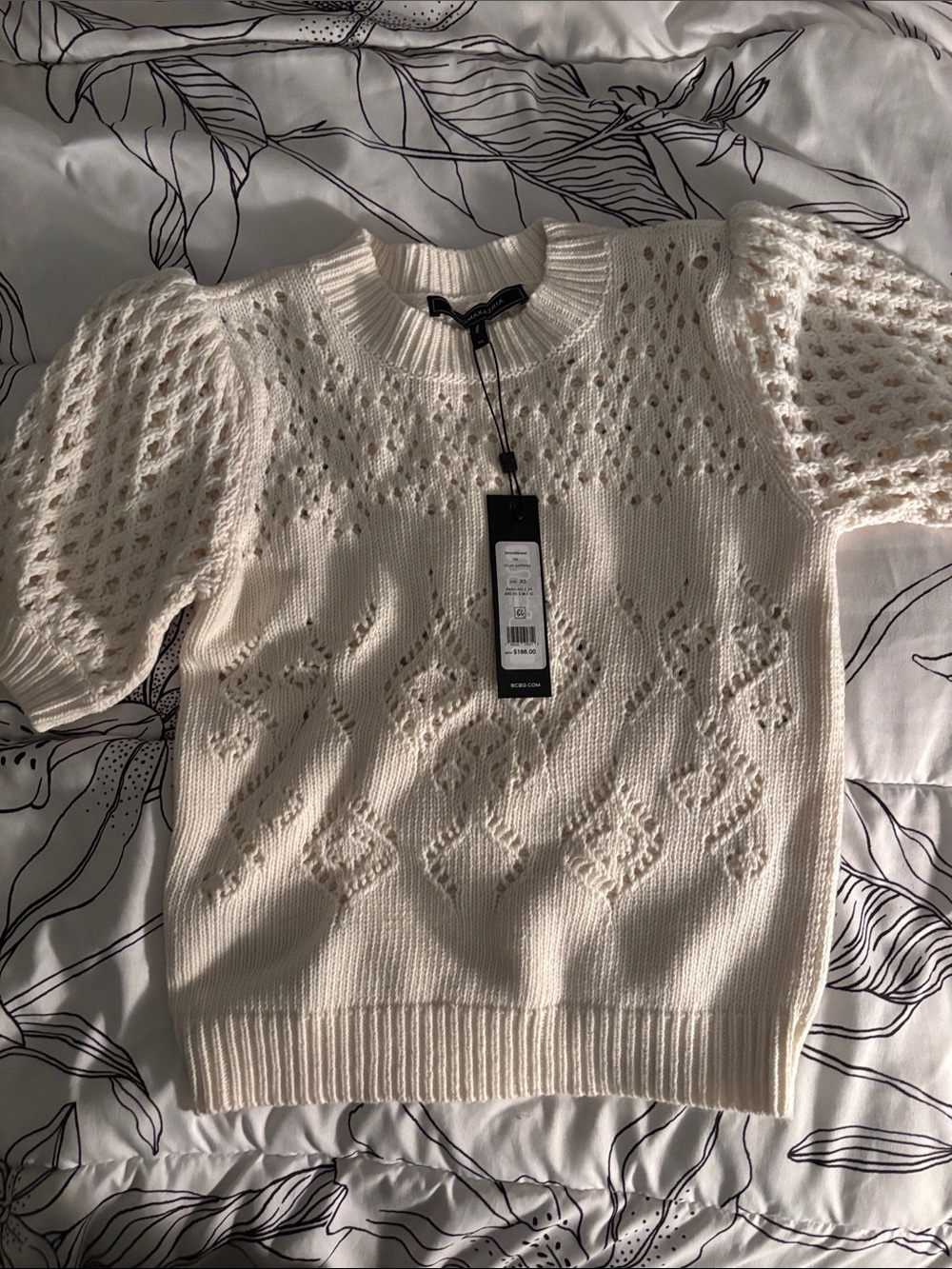 BCBGMaxAzria Cream Openwork Puff-Sleeve Crewneck Sweater